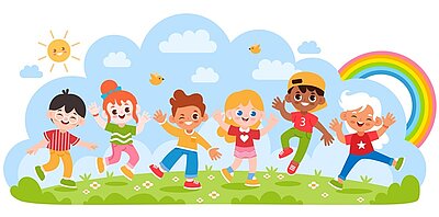 Grafik von sechs Kindern mit unterschiedlichen Frisuren und Hautfarben, die auf einer grünen Wiese springen und lachen. Im Hintergrund sind blaue Wolken, ein Regenbogen, zwei kleine Vögel und eine gelbe Sonne mit Strahlen zu sehen. Die Kinder tragen bunte Kleidung und wirken fröhlich. Die Szene ist farbenfroh und freundlich illustriert.