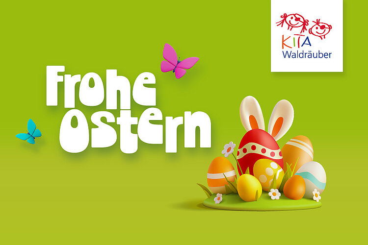 Auf einem hellgrünen Hintergrund steht "Frohe Ostern"; drumherum flattern Schmetterlinge und rechts sind Ostereier mit Hasenohren zu sehen.