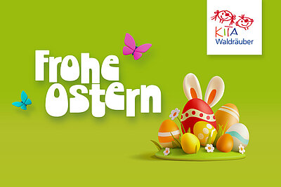 Auf einem hellgrünen Hintergrund steht "Frohe Ostern"; drumherum flattern Schmetterlinge und rechts sind Ostereier mit Hasenohren zu sehen.