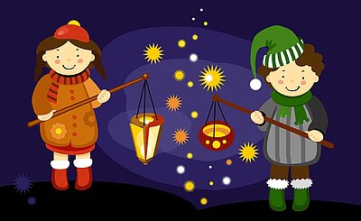 Illustration zweier Kinder beim Laternelaufen der KITA Waldräuber: Ein Mädchen in orangem Wintermantel, roter Mütze und rotem Schal hält eine leuchtende gelbe Laterne an einem Holzstab. Neben ihr steht ein Junge in grauer Winterkleidung mit grüner Mütze und Schal, der eine runde rote Laterne trägt. Um die beiden schweben zahlreiche helle, sternförmige Lichter vor einem dunklen Nachthimmel, die eine warme, festliche Atmosphäre erzeugen.